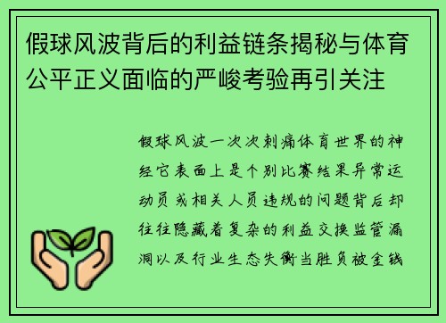 假球风波背后的利益链条揭秘与体育公平正义面临的严峻考验再引关注